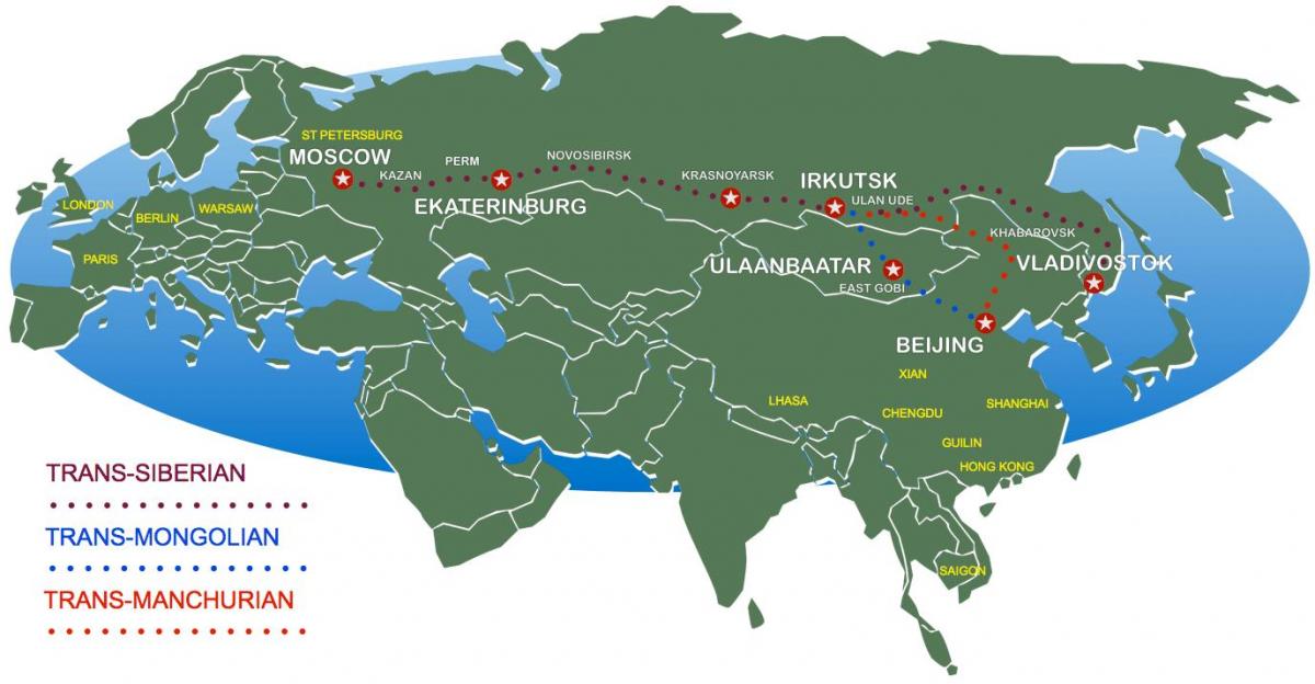 Peking i Moskva vlak rute na karti